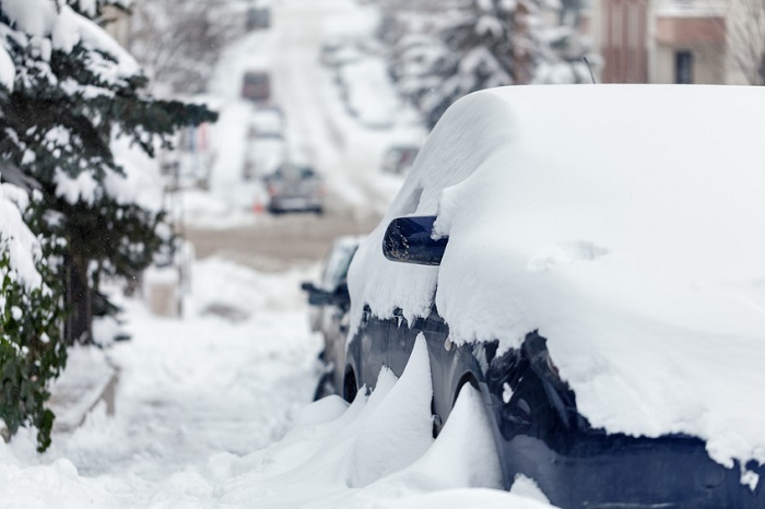 Line of snow-covered cars