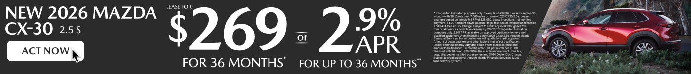 New 2026 Mazda CX-30 2.5S Lease for $269 or 2.9% APR